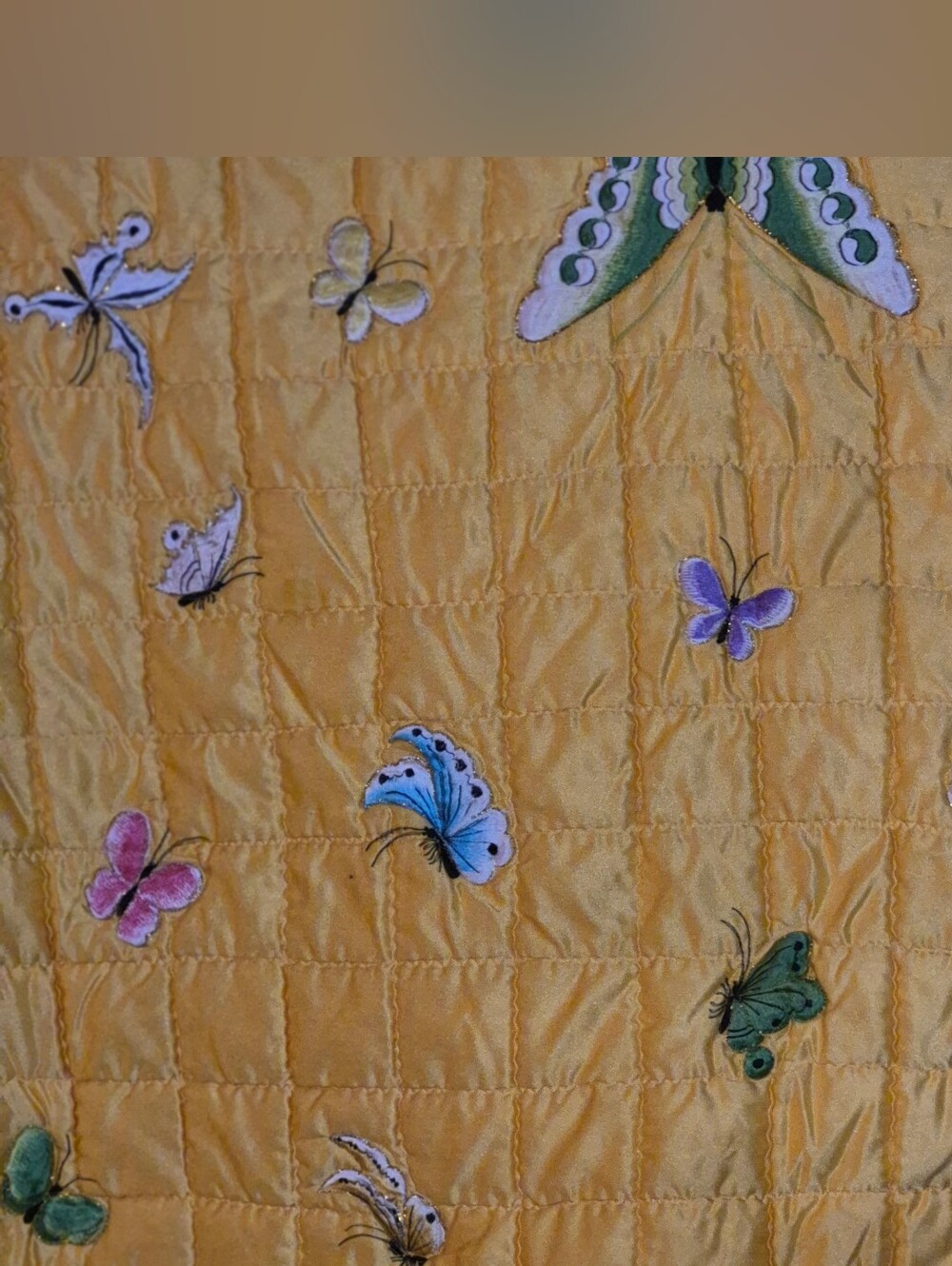 Vintage Yellow Quilted Butterfly Embroidered Throw 100" X 80" BEAUTIFUL BLANKET